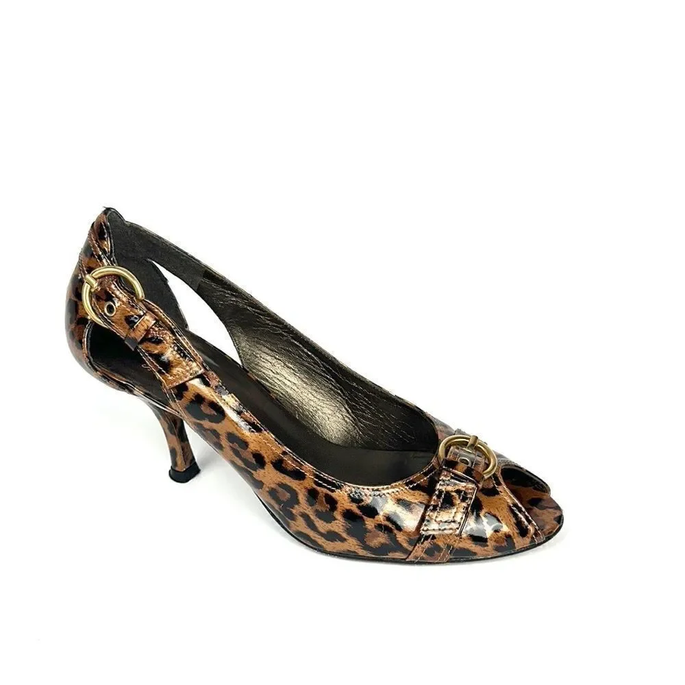 Stuart Weitzman Patent Leather Leopard Animal Print Peep Toe Pumps 6 1/2